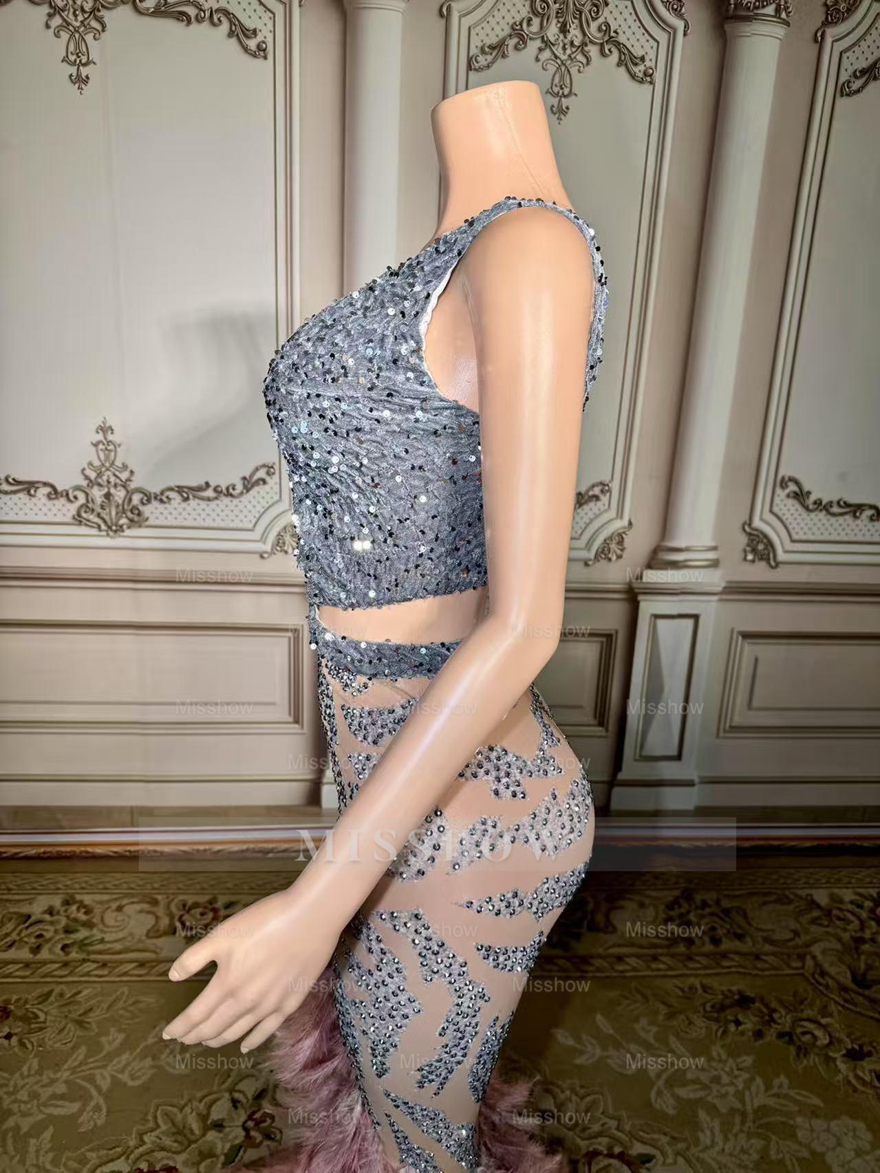 Chic Pink Mermaid V-Neck Sequined Beaded Sleeveless Floor-Length Prom Dresses With Feathers