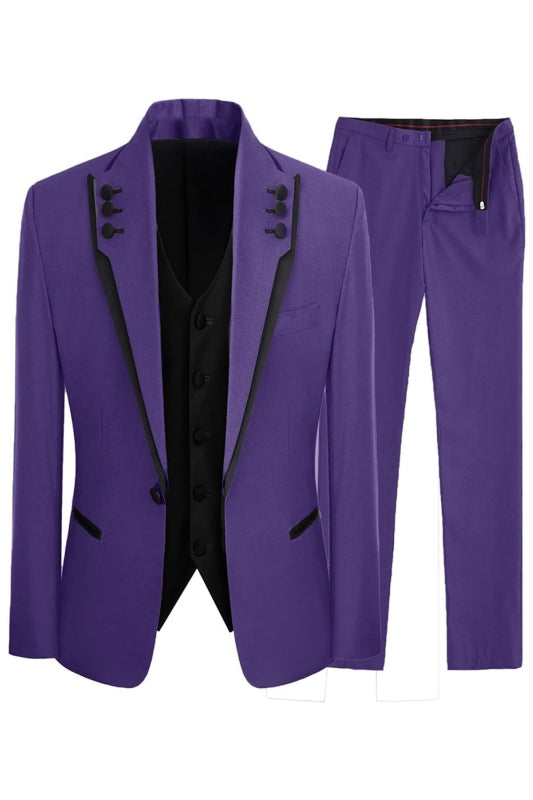 Chic Purple Shawl Lapel Three-Piece Prom Suit For Men