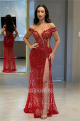 Chic Red Off the Shoulder High Split Long Formal Dress With Bead Embroidery