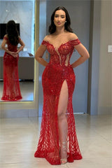 Chic Red Off the Shoulder High Split Long Formal Dress With Bead Embroidery
