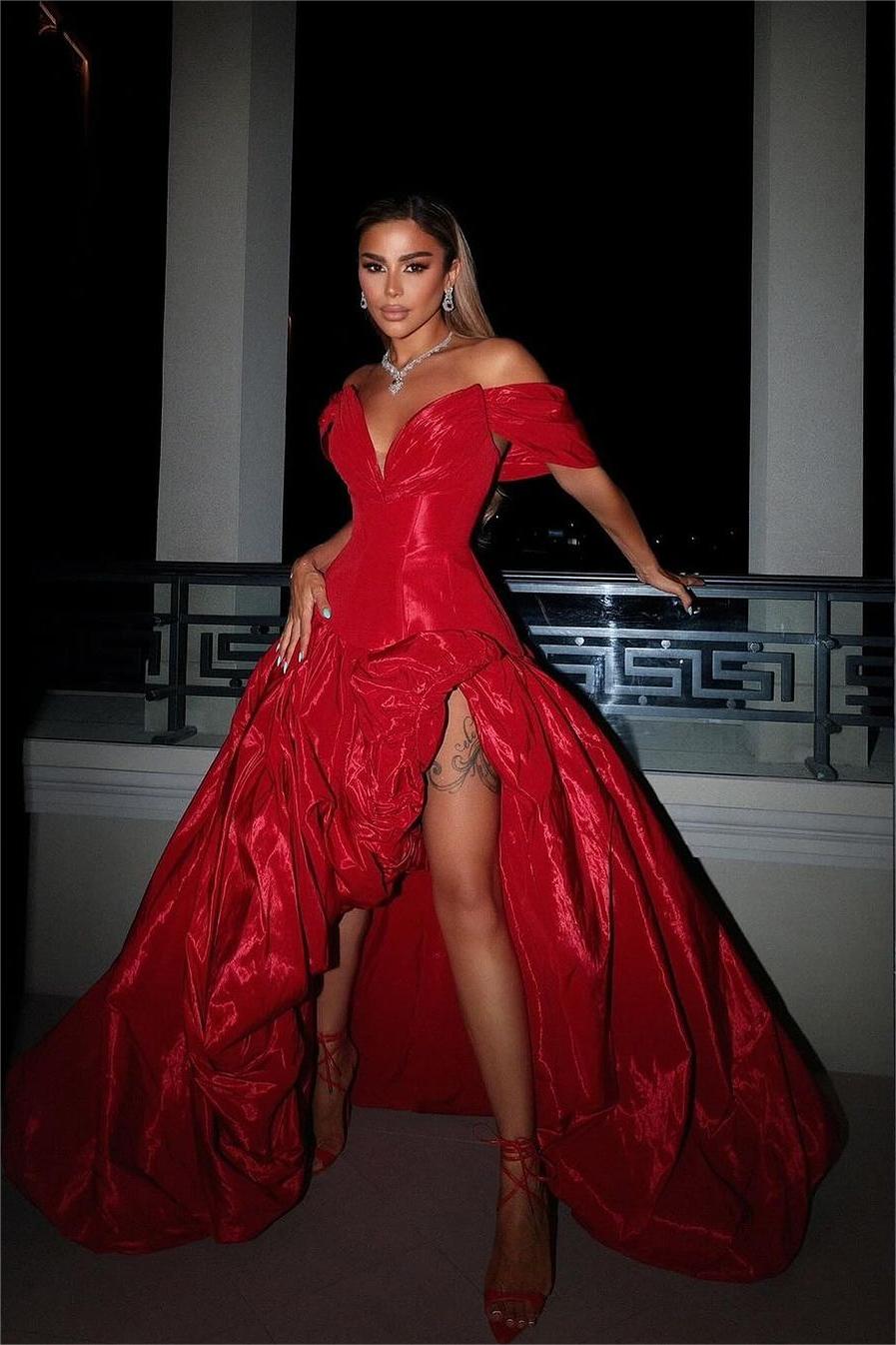 Chic Red Off the Shoulder V Neck A Line Long Split Formal Dress With Ruffles