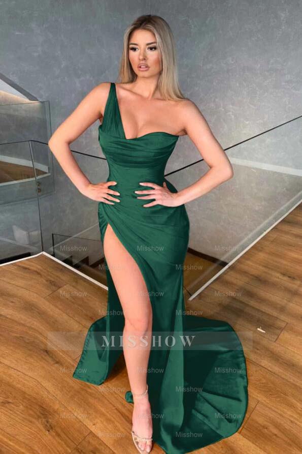 Chic Red One Shoulder Sleeveless Long Mermaid Formal Dress With High Split
