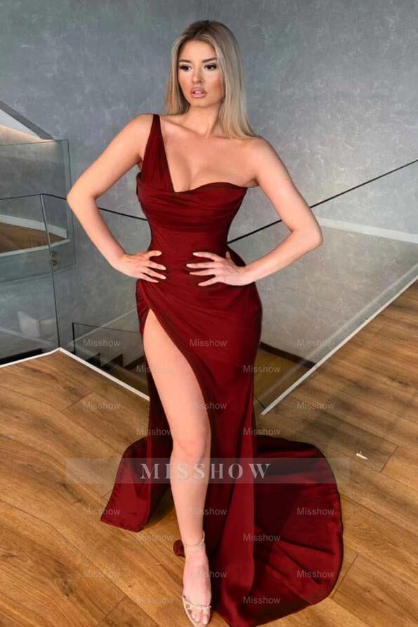 Chic Red One Shoulder Sleeveless Long Mermaid Formal Dress With High Split