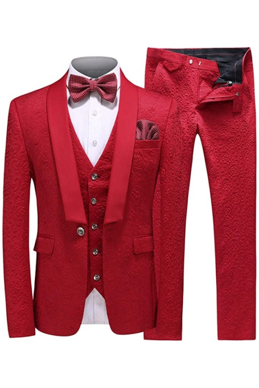 Chic Red Shawl Collar Three-Piece Jacquard Groom's Wedding Ensemble