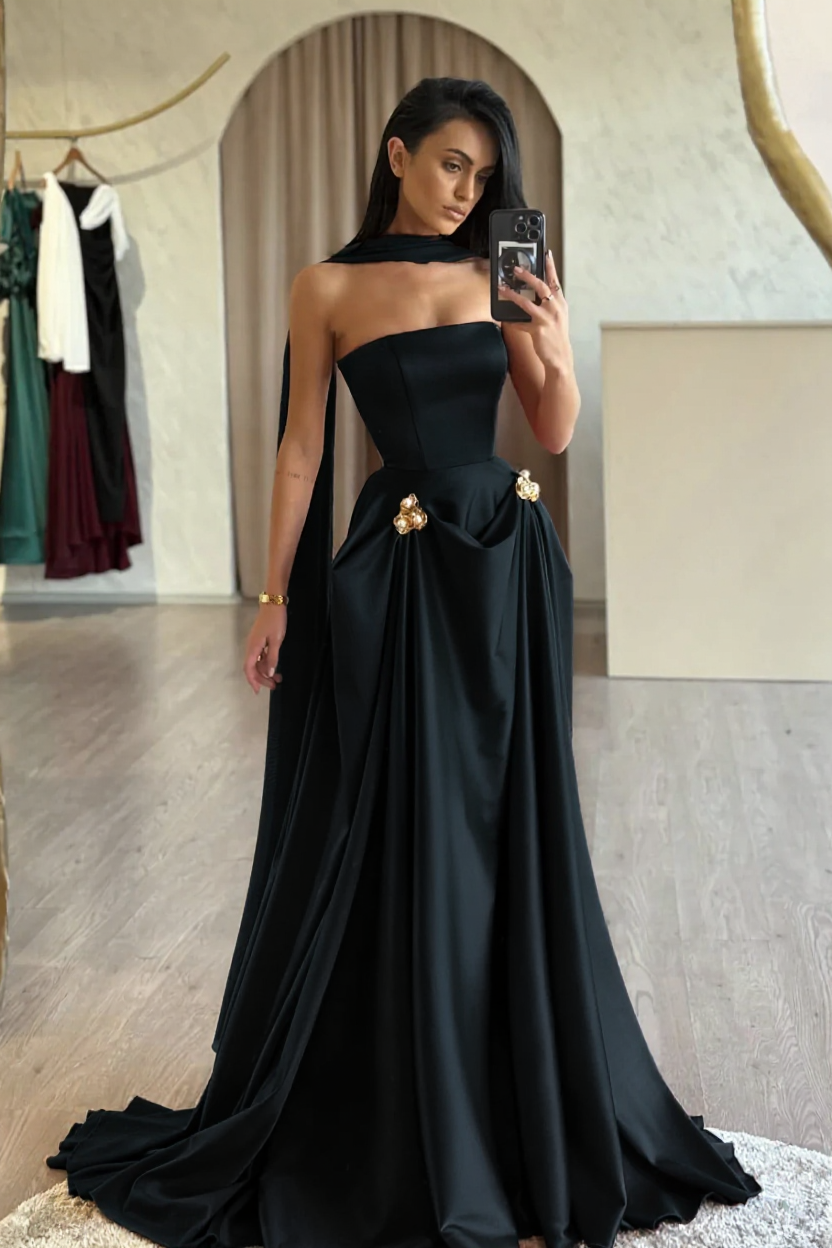 Chic Red Strapless A-Line Sleeveless Floor-Length Satin Simple Evening Dresses With Sash