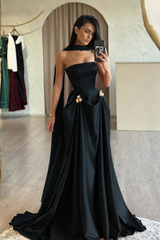 Chic Red Strapless A-Line Sleeveless Floor-Length Satin Simple Evening Dresses With Sash