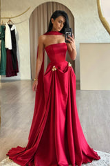 Chic Red Strapless A-Line Sleeveless Floor-Length Satin Simple Evening Dresses With Sash