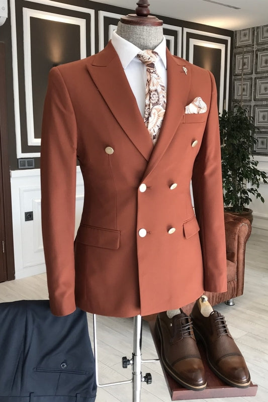 Chic Rufous Peaked Lapel Double-Breasted Men's Prom Suit