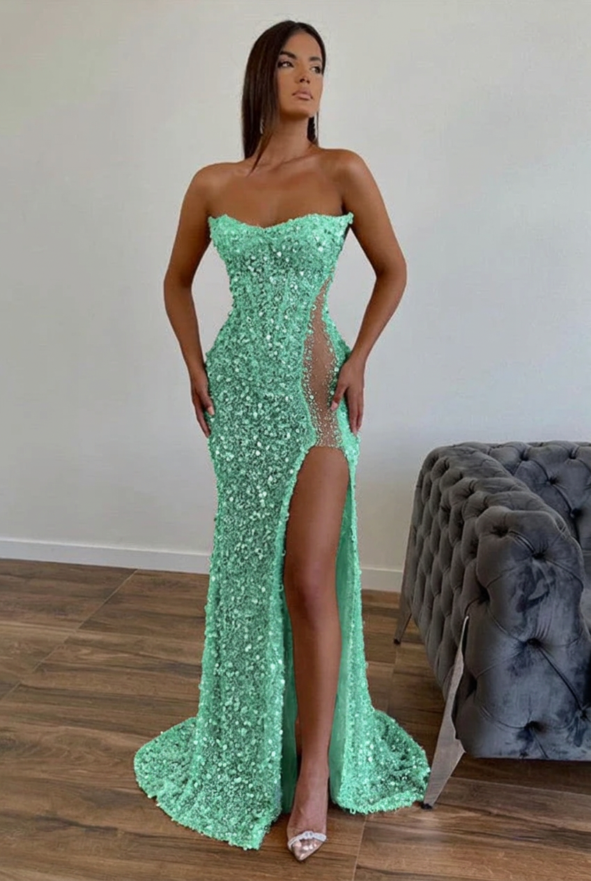 Mint green strapless split-front A-line prom dress