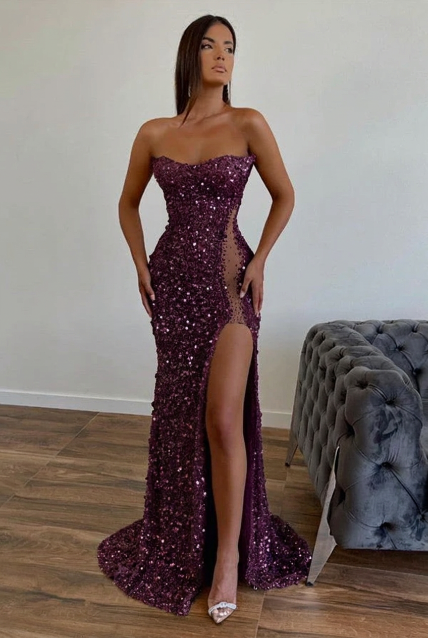 Grape strapless split-front A-line prom dress