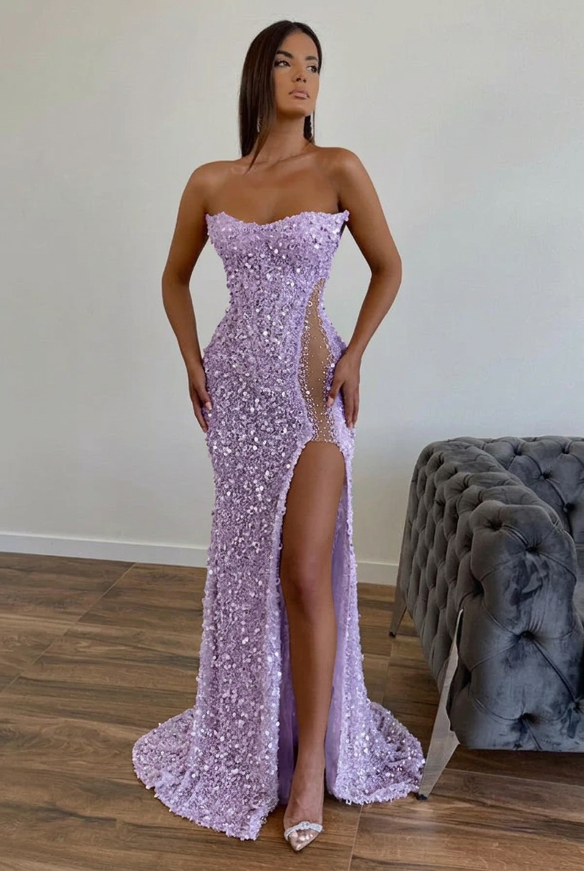 Lavender strapless split-front A-line prom dress