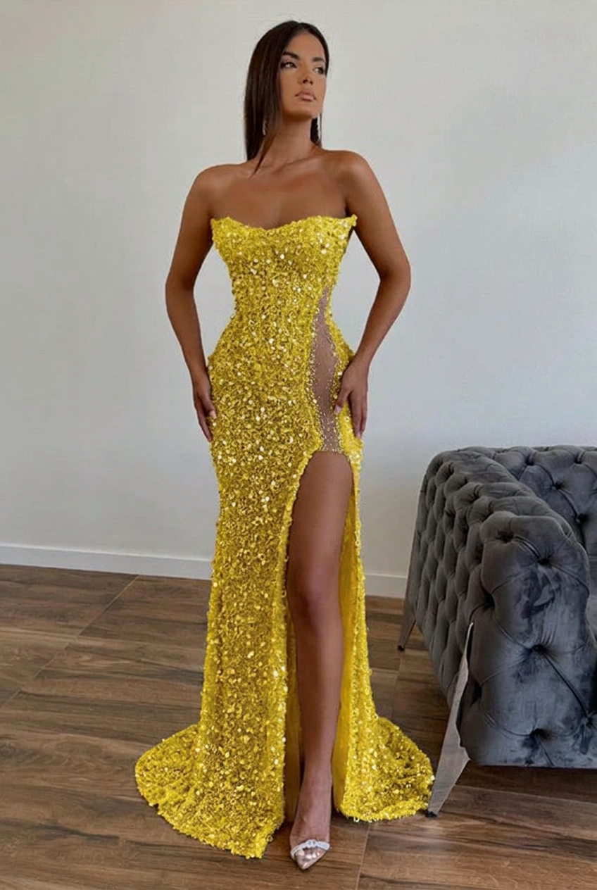 Yellow strapless split-front A-line prom dress