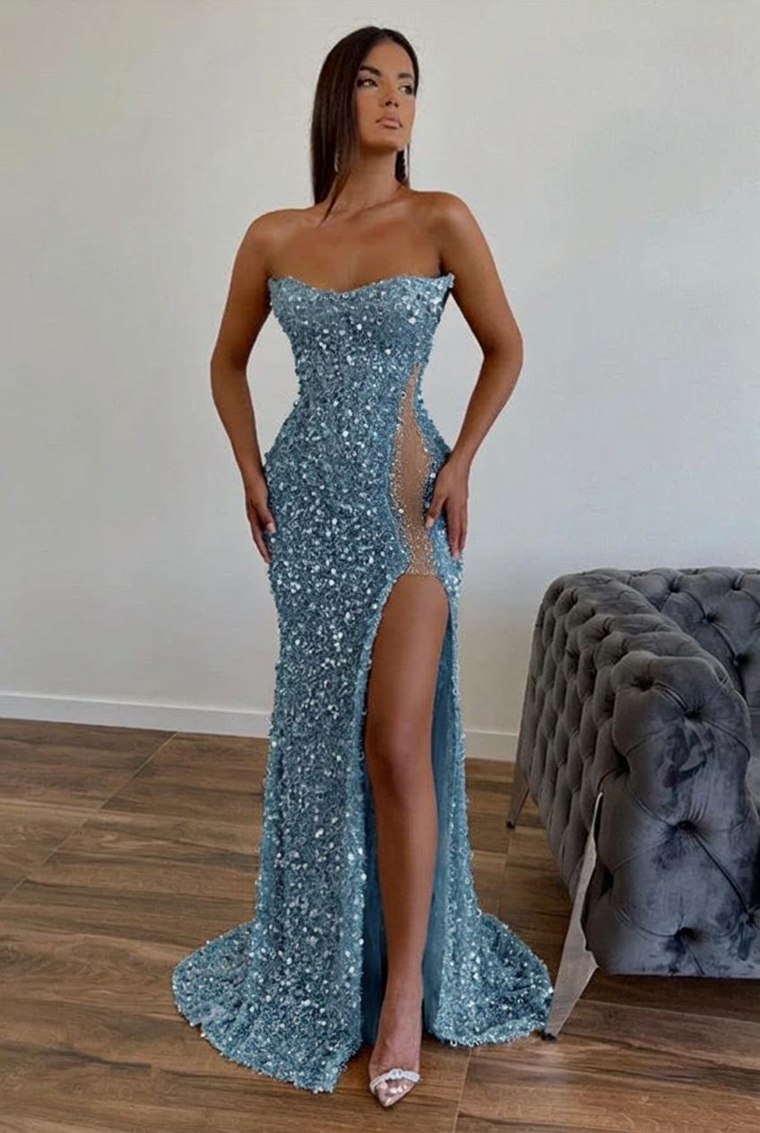 Dusty blue strapless split-front A-line prom dress