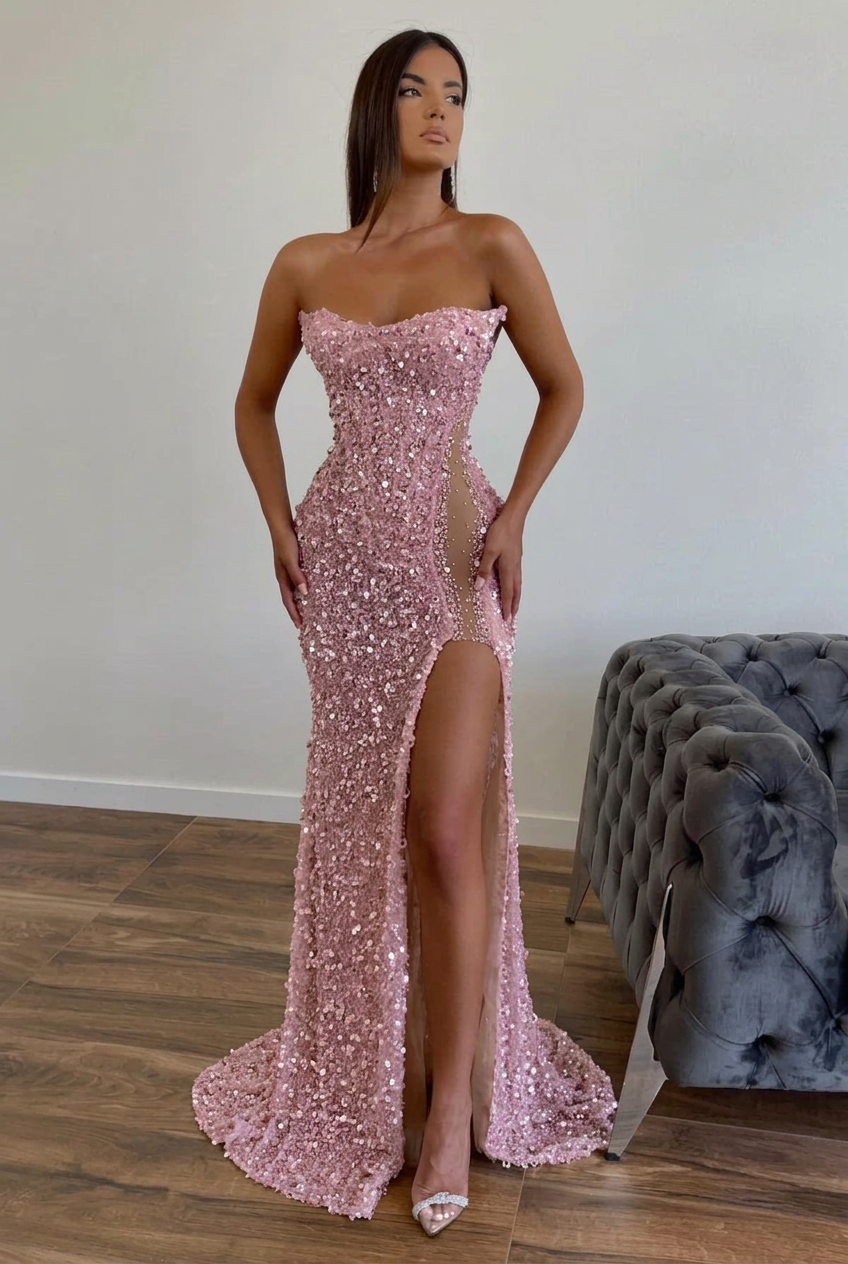 Candy pink strapless split-front A-line prom dress