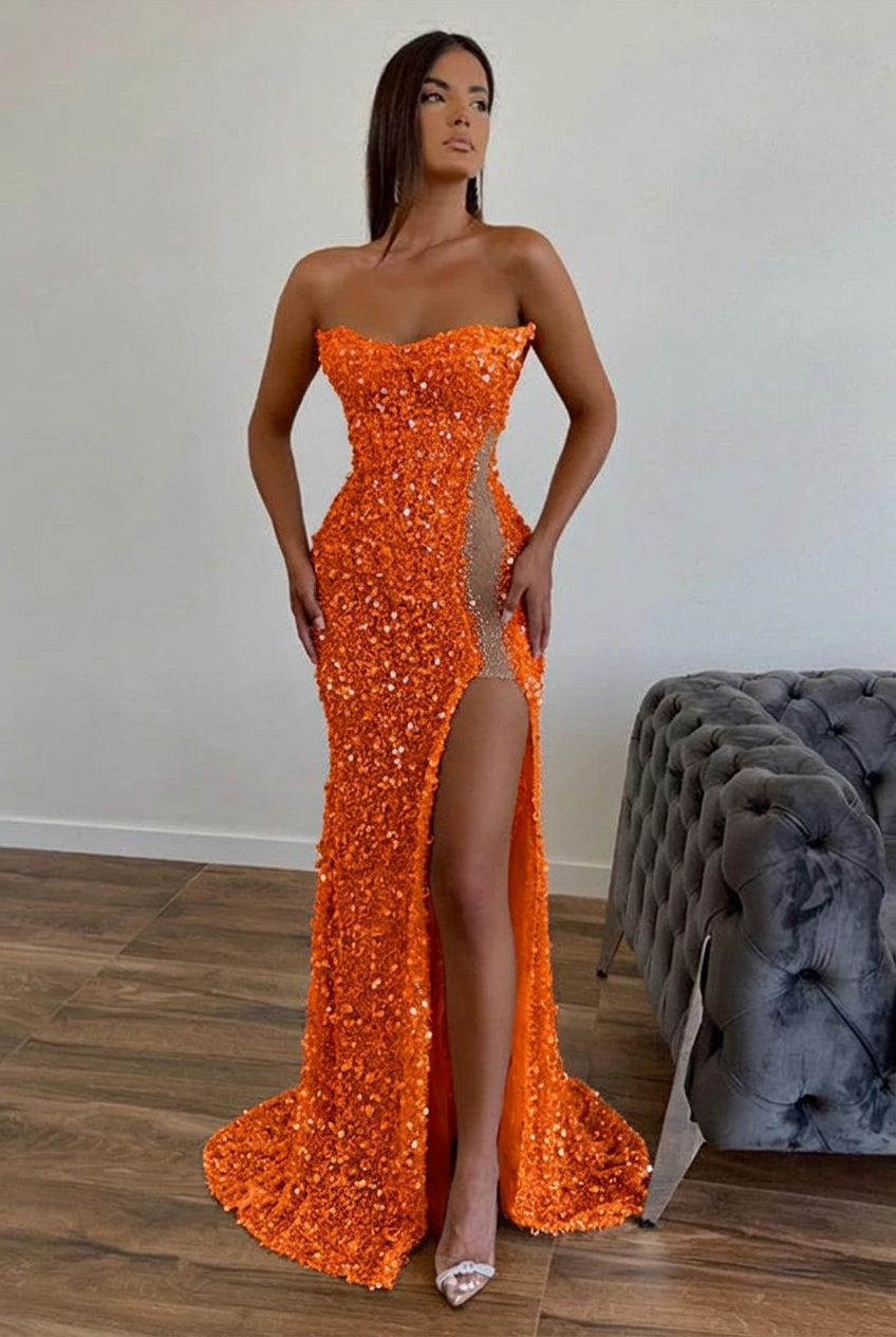 Orange strapless split-front A-line prom dress