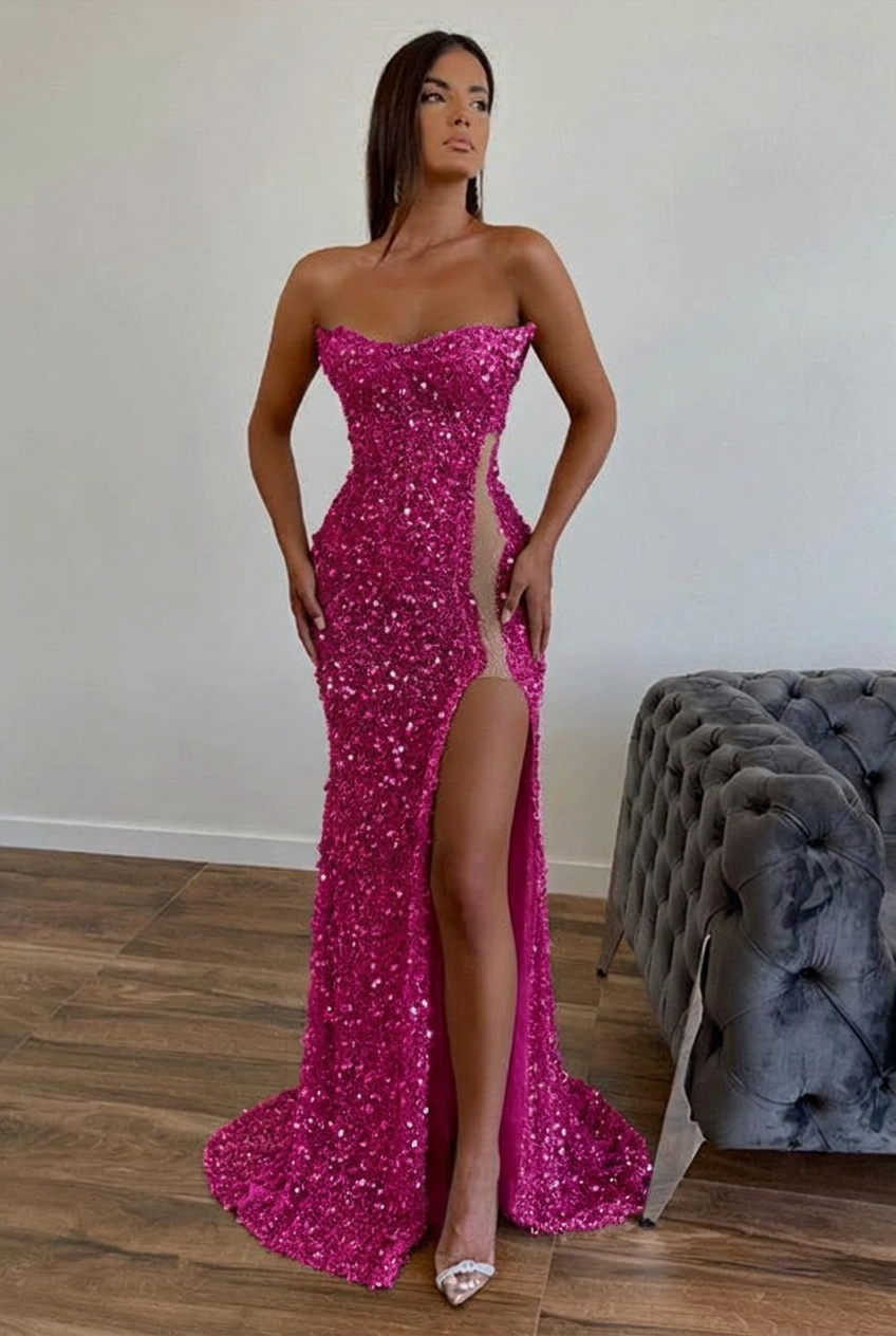 Fuchsia strapless split-front A-line prom dress