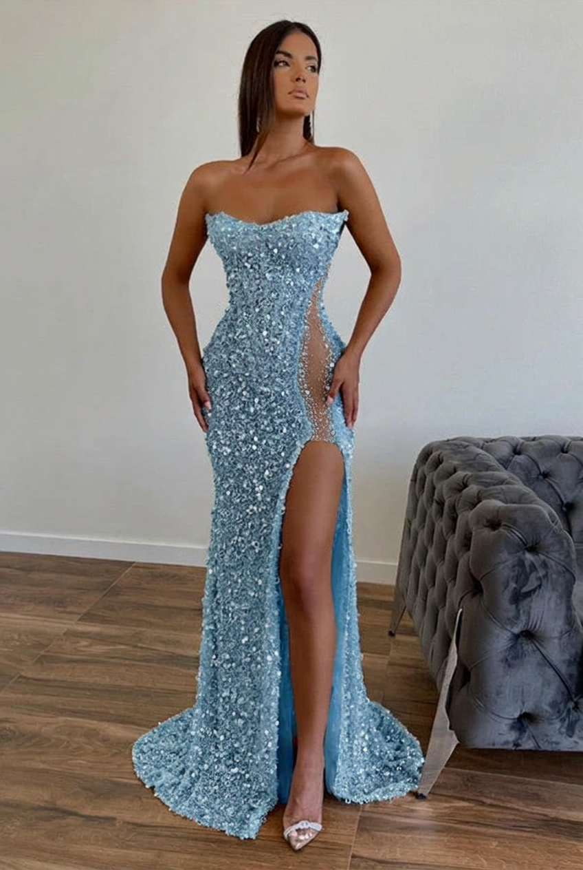 Light blue strapless split-front A-line prom dress