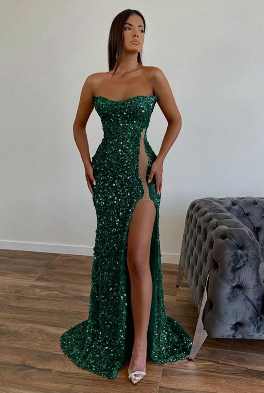 Dark green strapless split-front A-line prom dress