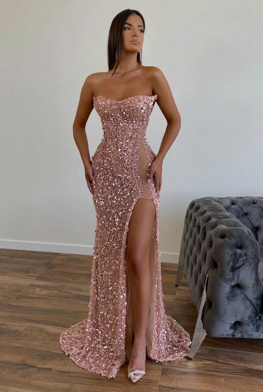 Dusty rose strapless split-front A-line prom dress