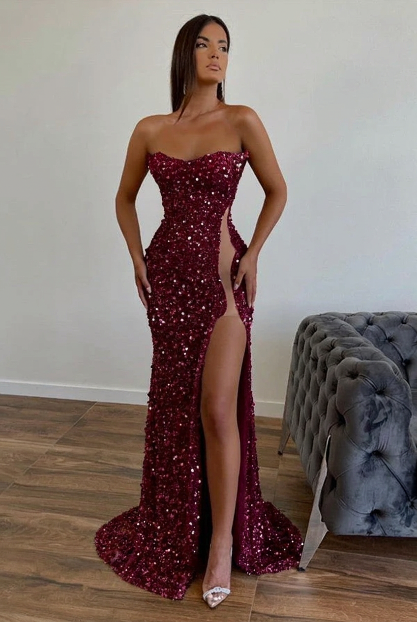 Burgundy strapless split-front A-line prom dress