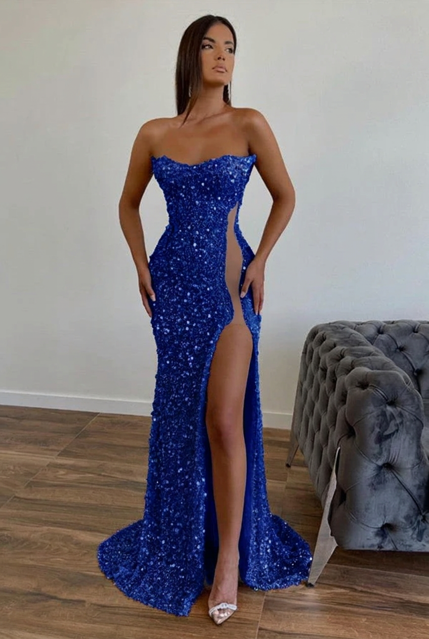 Royal blue strapless split-front A-line prom dress