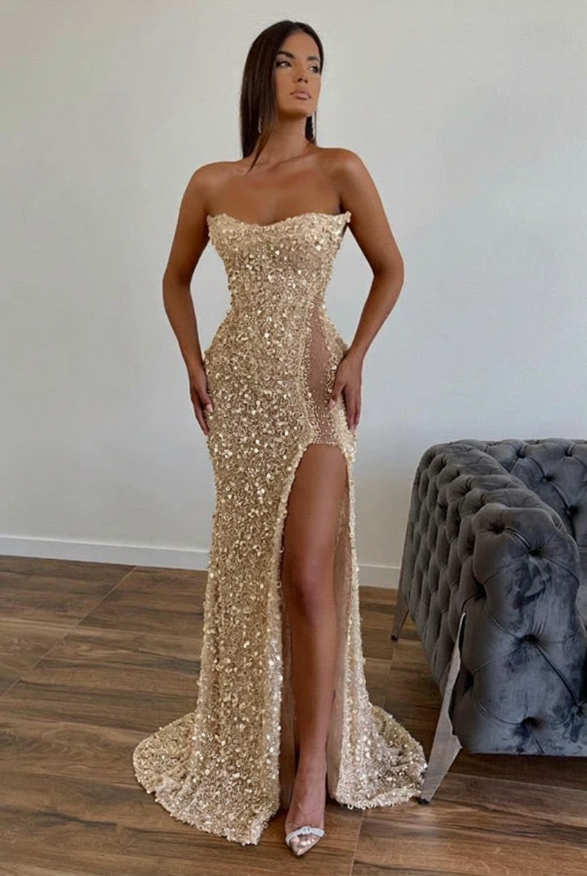Champagne strapless split-front A-line prom dress