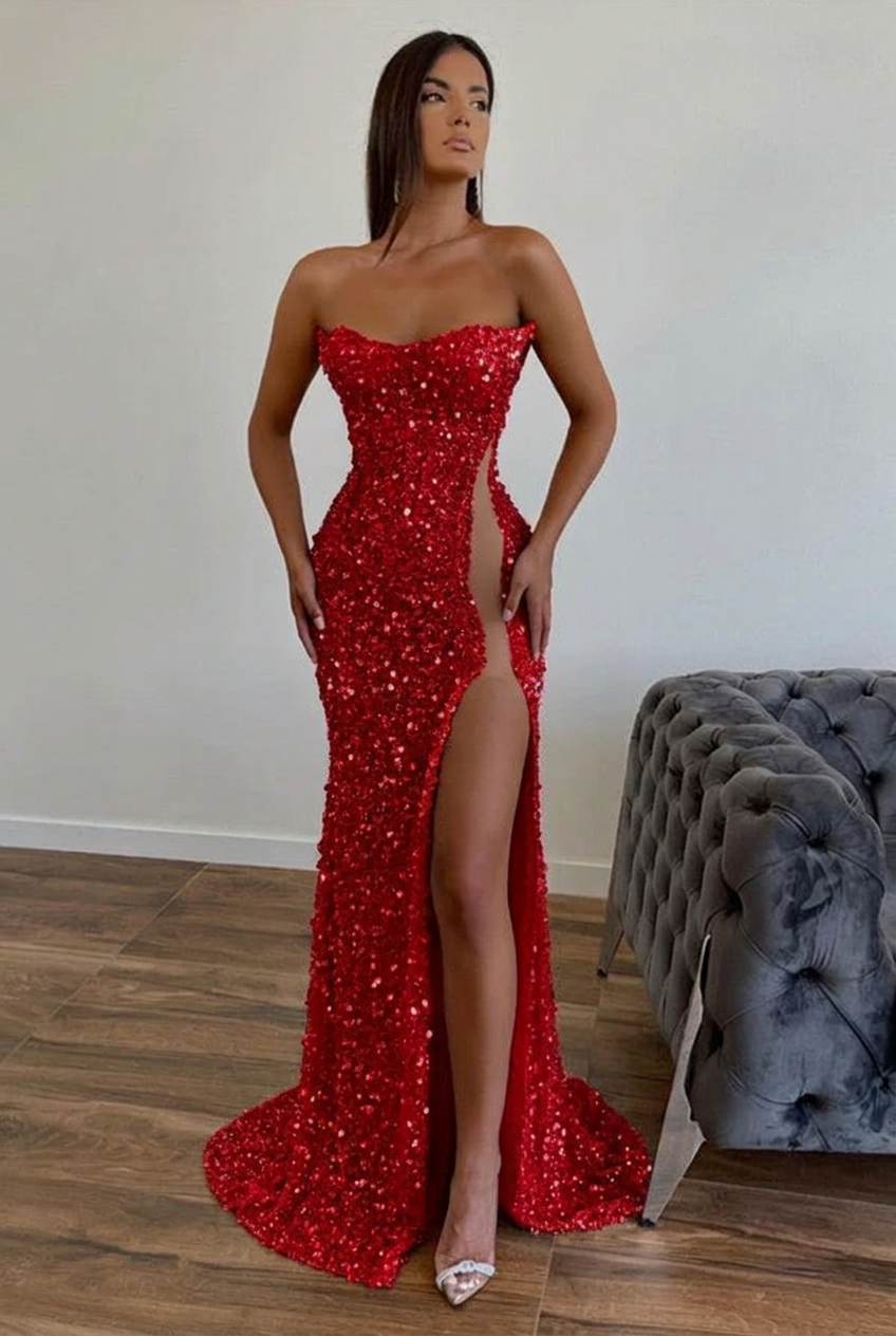 Red strapless split-front A-line prom dress