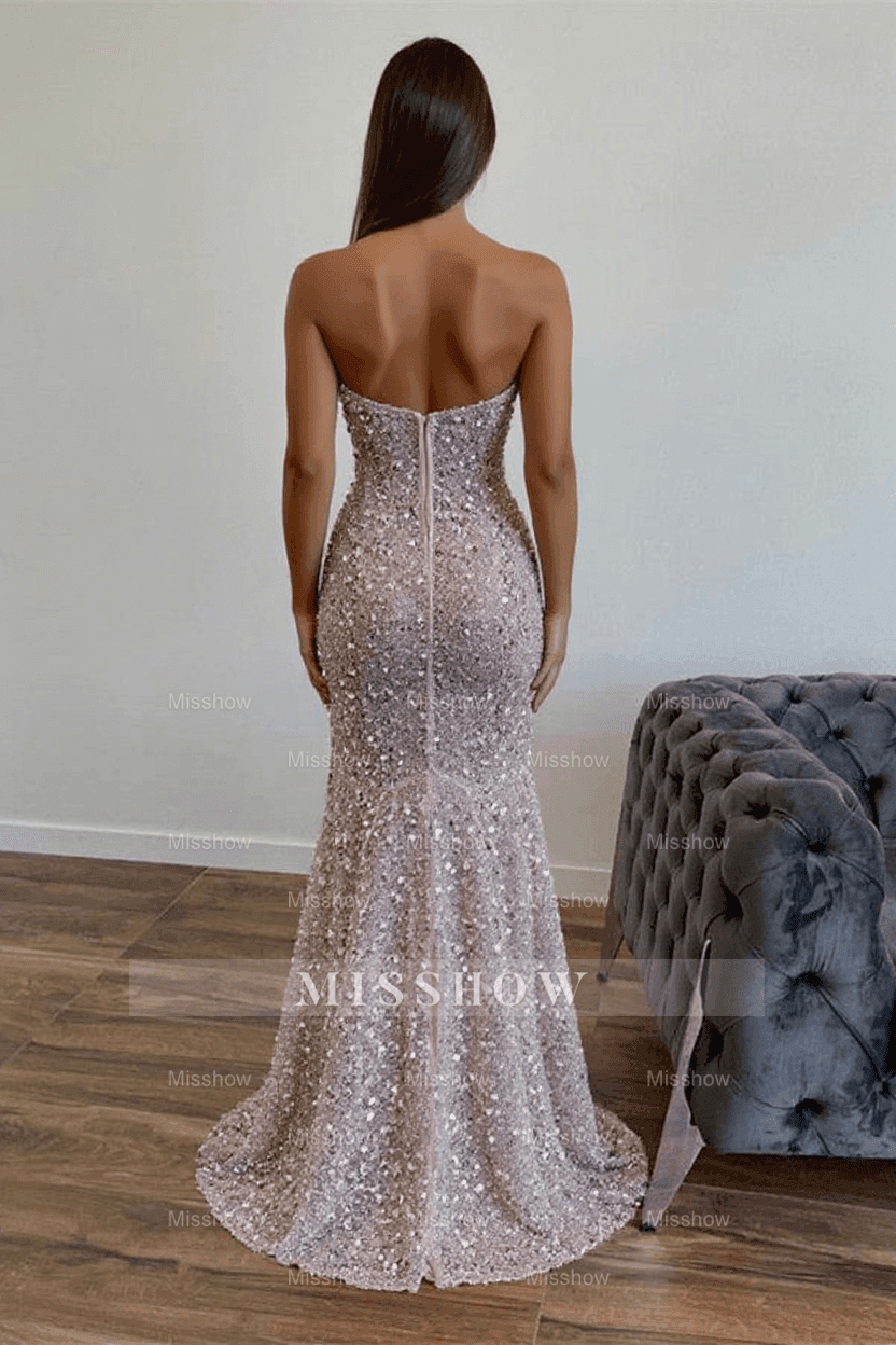 Champagne strapless split-front A-line prom dress