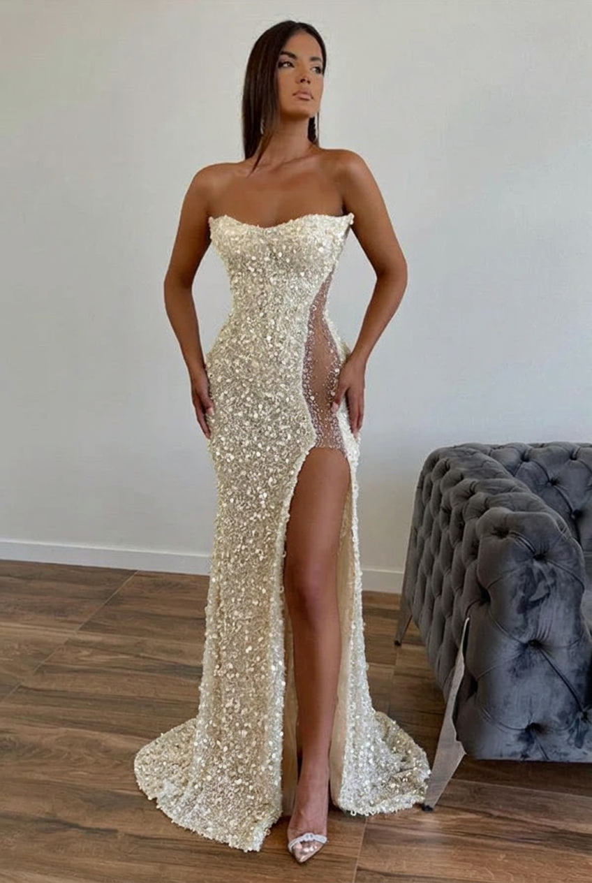 Ivory strapless split-front A-line prom dress