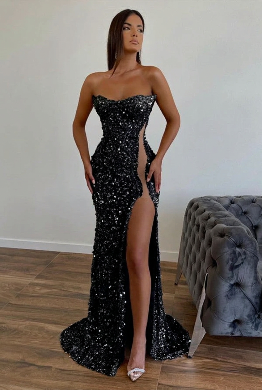 Black strapless split-front A-line prom dress