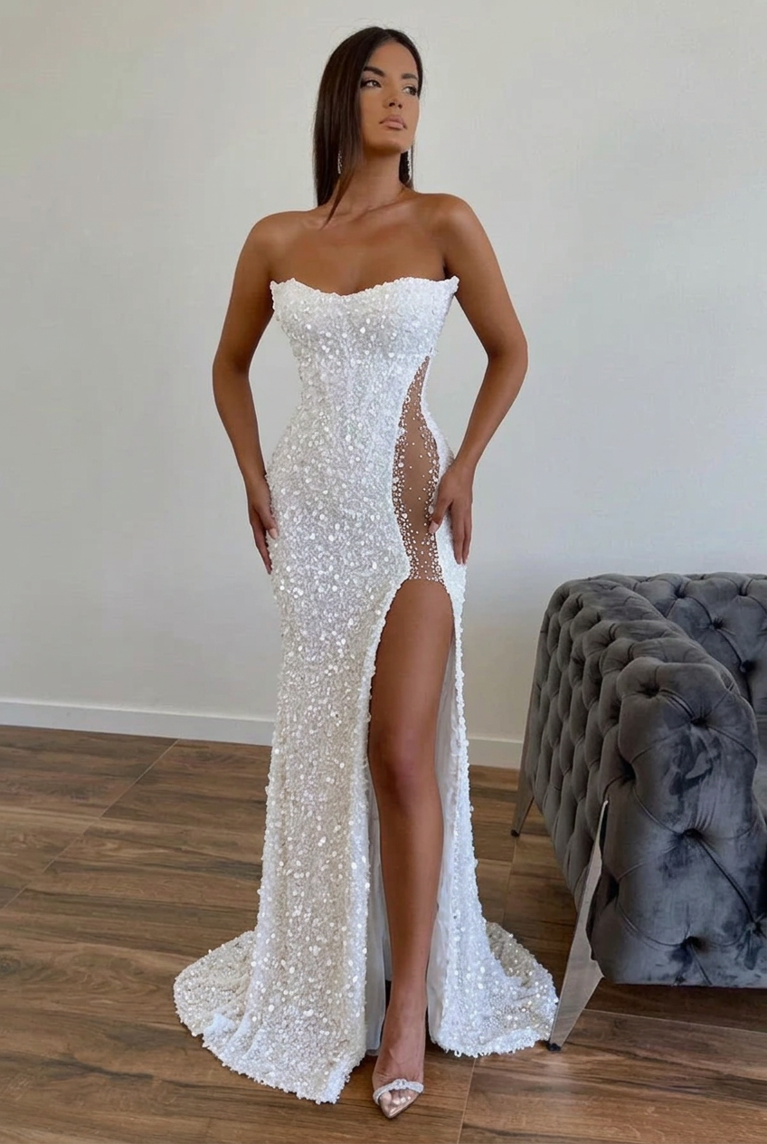 White strapless split-front A-line prom dress