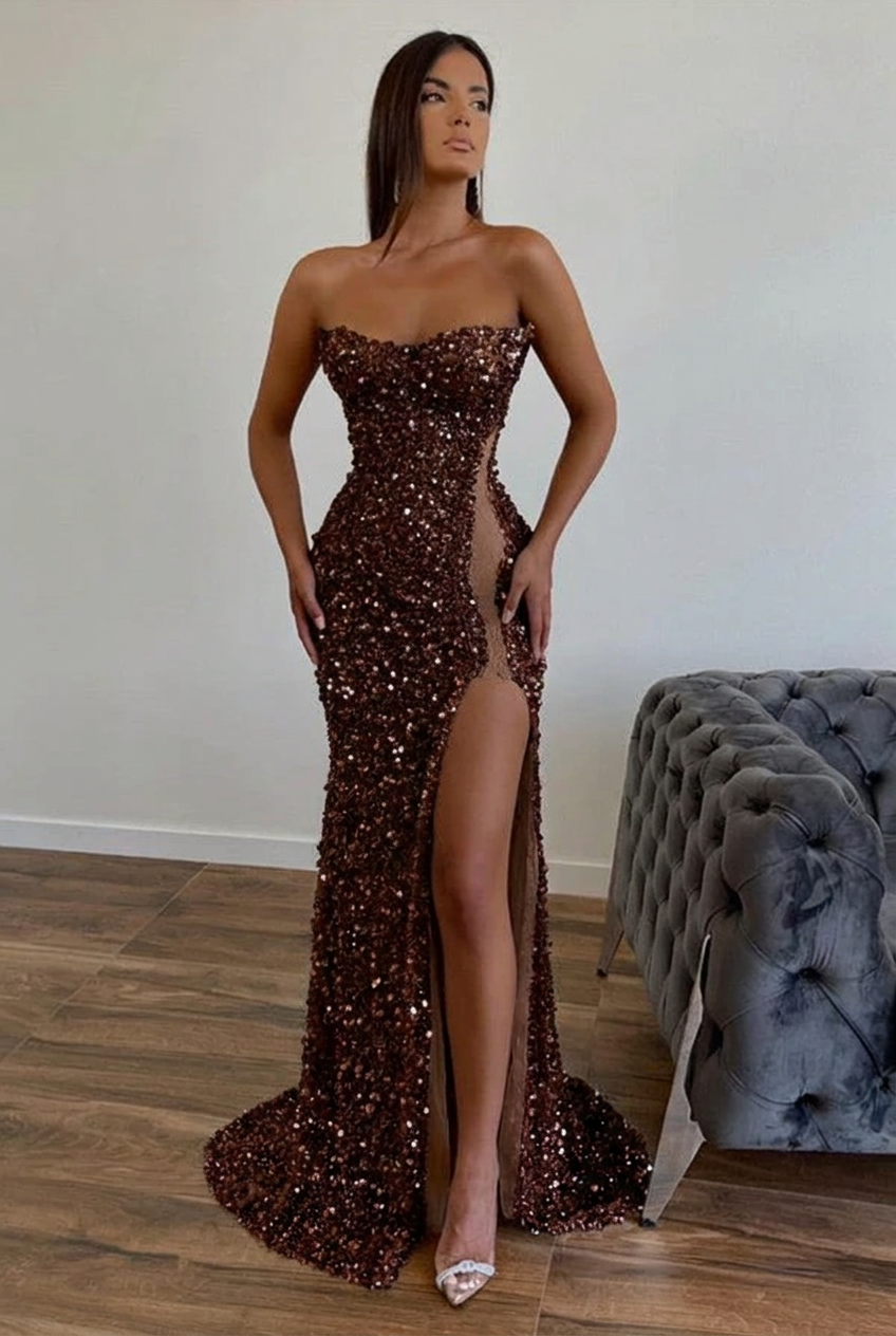 Chocolate strapless split-front A-line prom dress