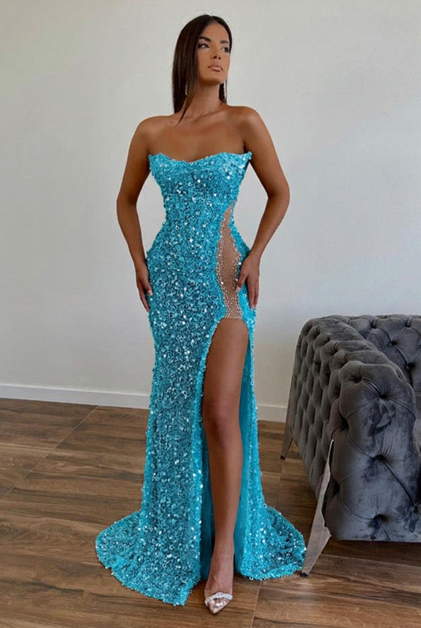 Turquoise strapless split-front A-line prom dress