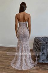 Champagne strapless split-front A-line prom dress