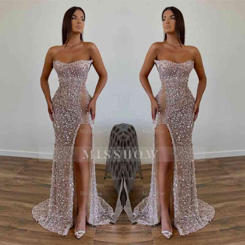Champagne strapless split-front A-line prom dress