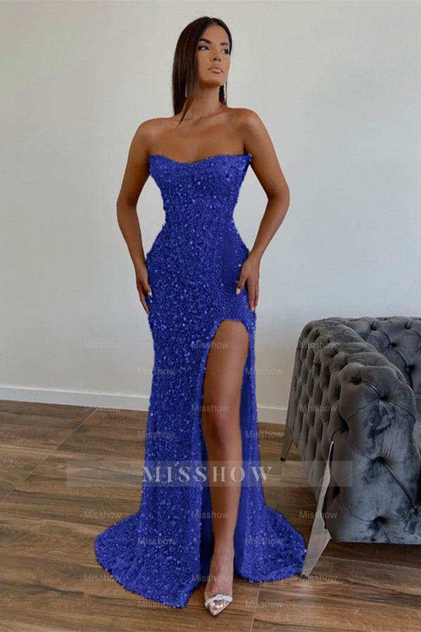 Royal blue strapless split-front A-line prom dress