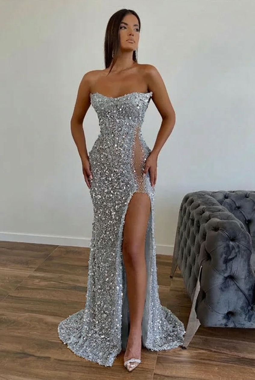 Silver strapless split-front A-line prom dress