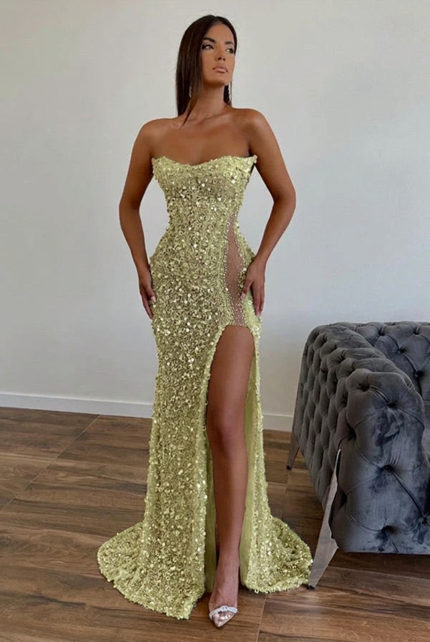 Sage strapless split-front A-line prom dress