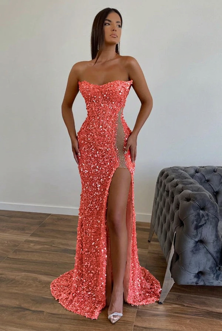 Coral strapless split-front A-line prom dress