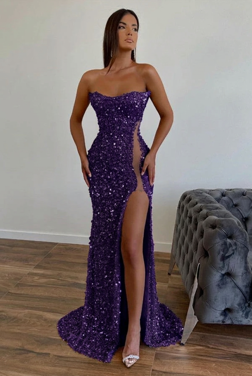 Regency strapless split-front A-line prom dress