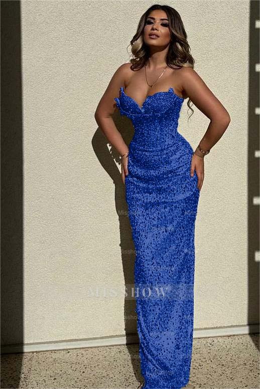 Chic Sequins Strapless Sleeveless High Waist Long Formal Dress With Beadings