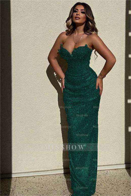 Chic Sequins Strapless Sleeveless High Waist Long Formal Dress With Beadings