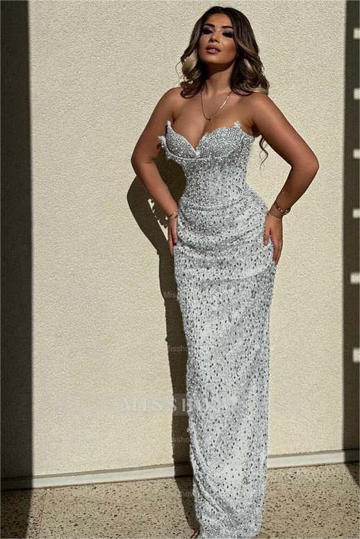 Chic Sequins Strapless Sleeveless High Waist Long Formal Dress With Beadings