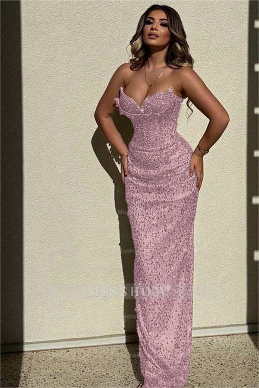 Chic Sequins Strapless Sleeveless High Waist Long Formal Dress With Beadings