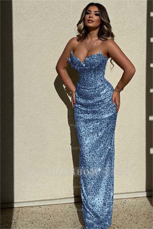 Chic Sequins Strapless Sleeveless High Waist Long Formal Dress With Beadings