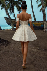 Chic Short A-line V-neck Ivory Lace Wedding Dress With Detachable Sleeves