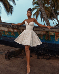 Chic Short A-line V-neck Ivory Lace Wedding Dress With Detachable Sleeves