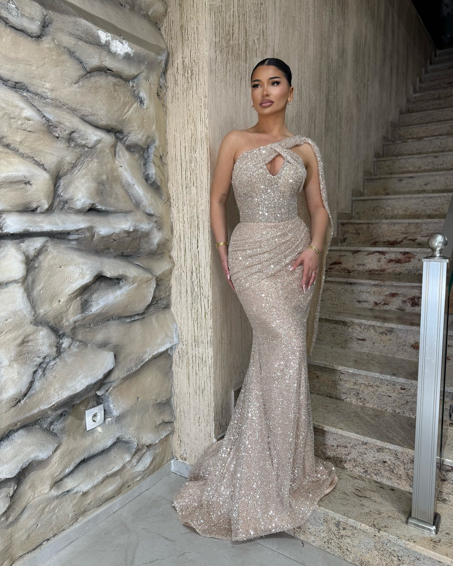 Chic Silver Mermaid One-Shoulder Sleeveless Sequined Long Formal Dress With Ruffles