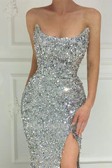 Chic Silver Strapless Mermaid Formal Dress Long Split With Sequins