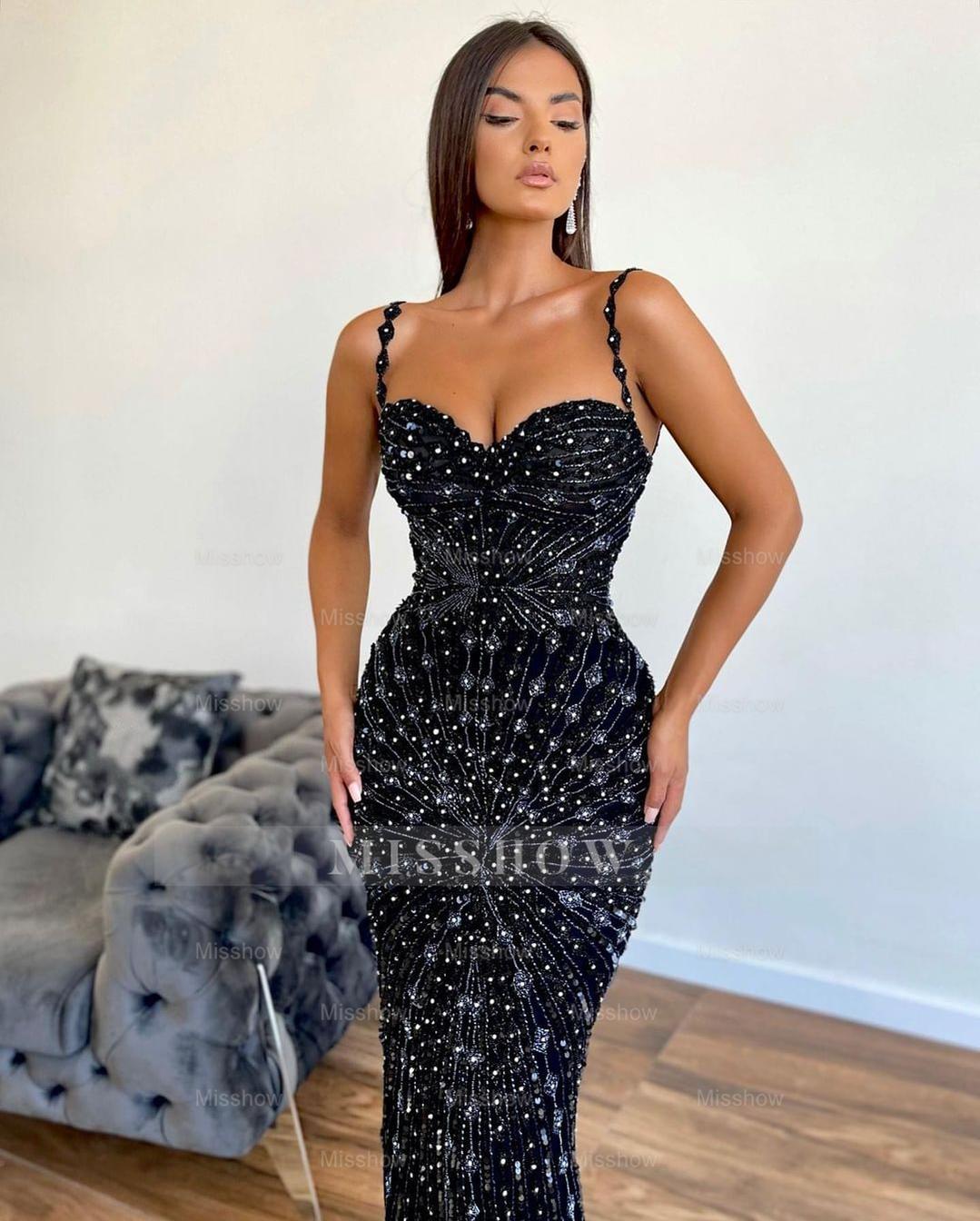 Chic Sleeveless Mermaid Beading Spaghetti Strap Black Formal Dress